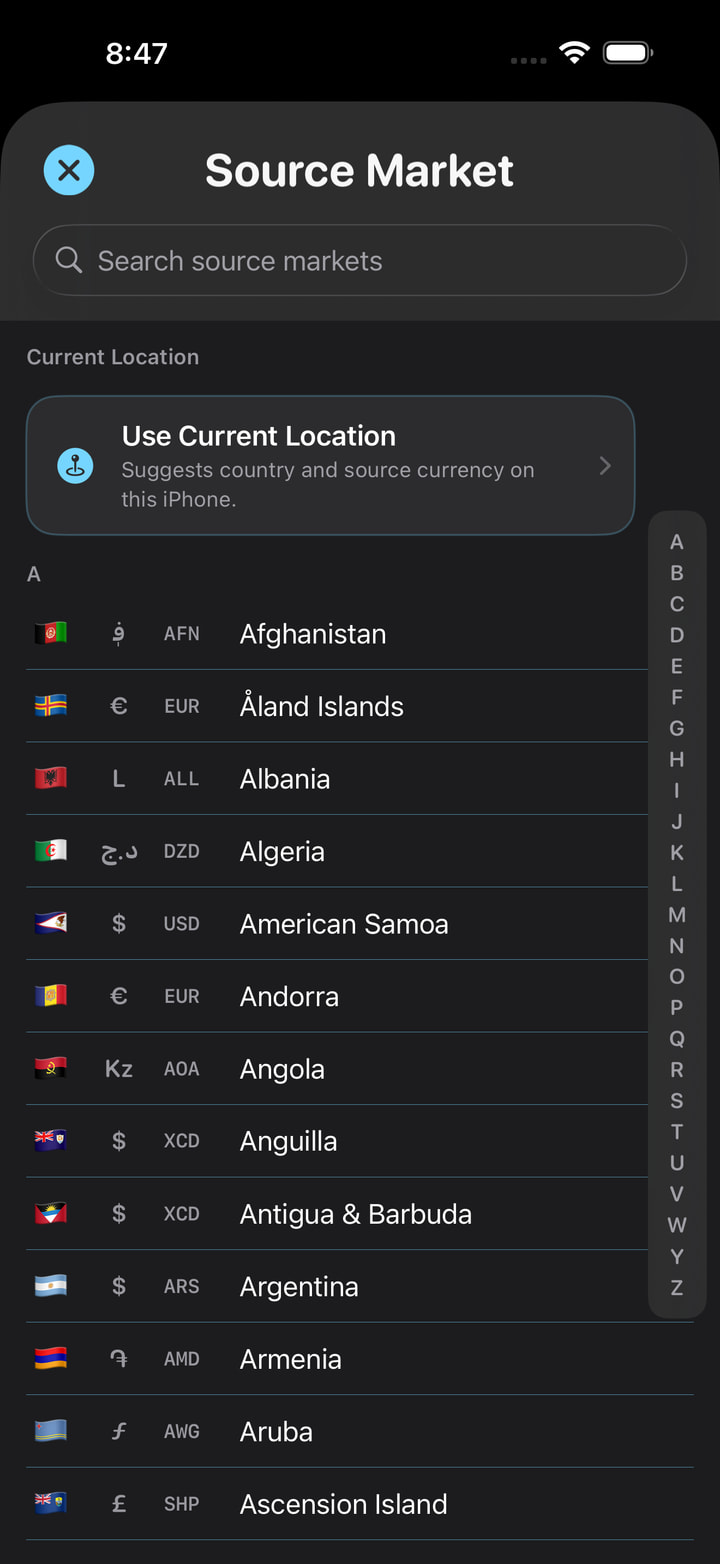 Price Tag FX source-market picker with country and currency options