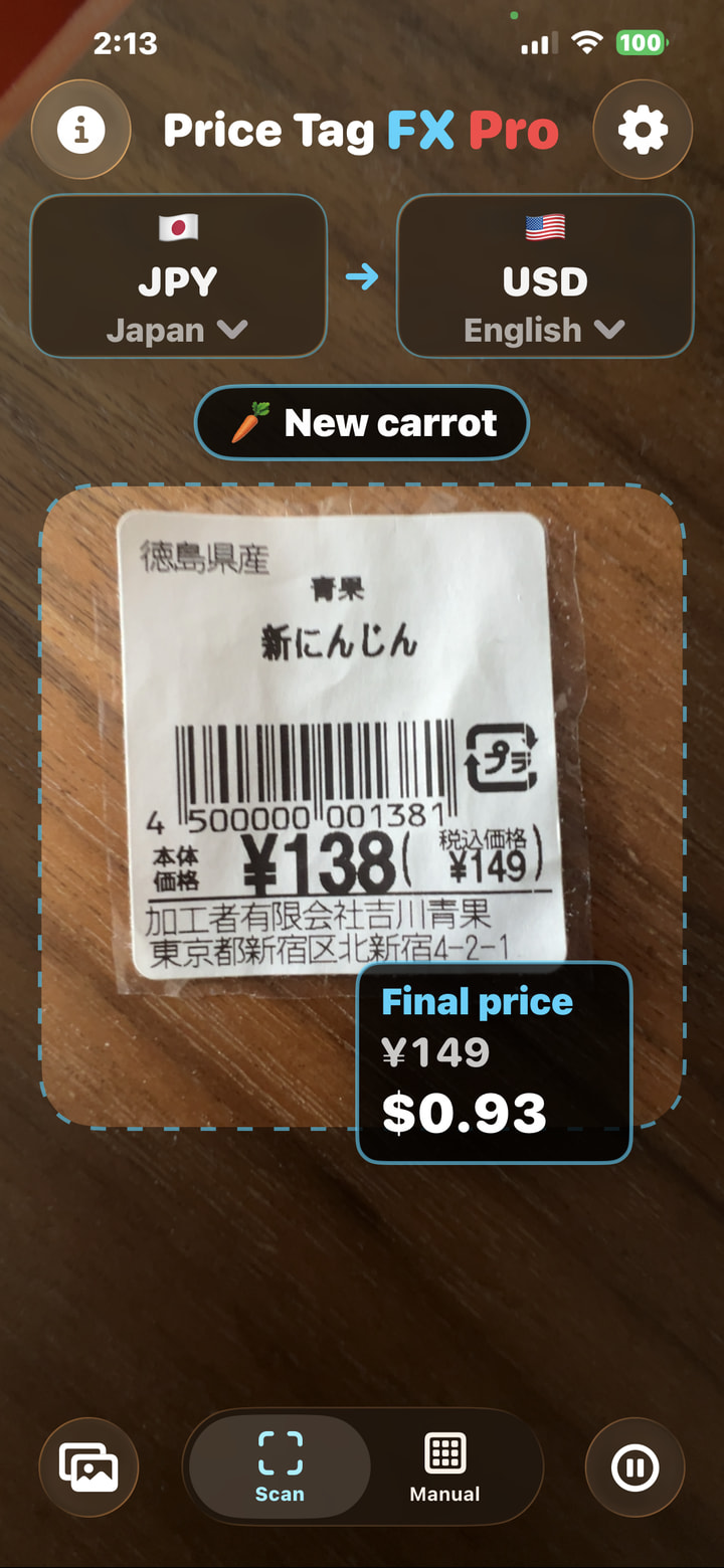Price Tag FX scanner showing a detected Japanese price and converted estimate